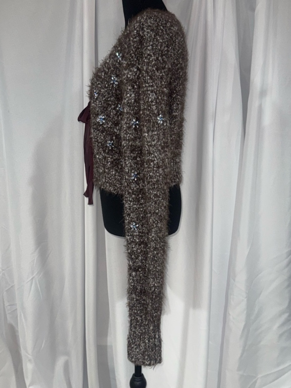 Free People Brown Fuzzy V-Neck Tie-Front Cardigan with Burgundy Ribbon - Picture 3 of 7